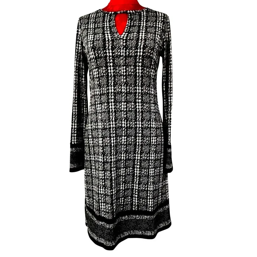 Michael Kors black & white dress houndstooth print keyhole neckline Size XS